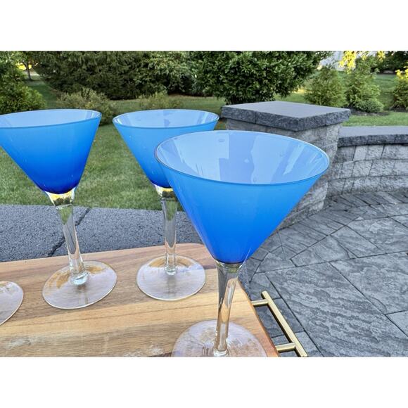 Vintage Handblown Art Glass Blue Cased Martini/cocktail  Vintage Handblown Art Glass Blue Cased Martini/cocktail Glasses ~6 Pc